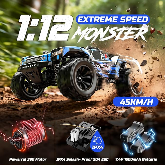 DEERC 1:12 Fast RC Cars 45KPH, 4WD High Speed Short Course RC Truck, Off-Road All Terrain Remote Control Car with 2 Batteries & Spare Tire, 2.4GHz Desert RC Monster Truck for Adults Kids Boys Gift