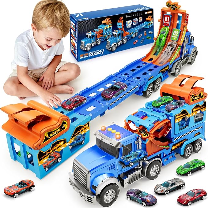 Kids Toys for 3 4 5 6 7 8 Years Old Boys, Carrier Truck Transport Car with Lights Sounds, Christmas Birthday Gift for Toddler, Foldable Layer Car Race Track Playset with Race Track, 6 Metal Toy Cars