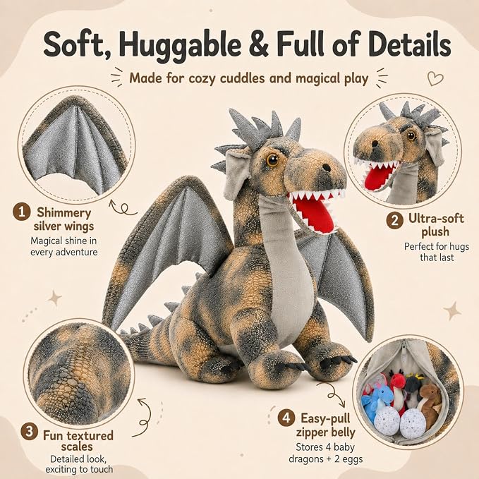 7Pcs Gray Dragon Plush Toy Set, Mother Flying Dinosaur Stuffed Animal with 4 Baby Dragon & 2 Eggs Inside, Dinosaur Stuffed Toy for Kids, Christmas Birthday Children's Day Gift for Boys Girls
