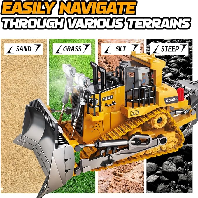 RC Bulldozer Toy for Kids,1:24 Scale 9-Channel Remote Control Track-Type Dozer with Light& Sounds,2 Rechargeable Batteries Dozer Construction Vehicle Toy for Boys Gift