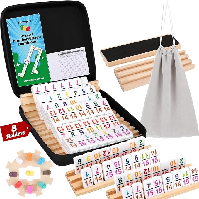 Mexican Train Dominoes Set Double 15 Number Domino Tiles, 136 Colorful Number Dominos Tiles with 8 Wooden Racks, Hub & Trains, Portable Domino Game Set for Adults Kids Families