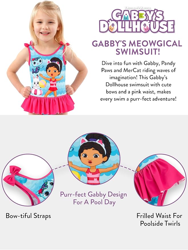 DREAMWORKS GABBY'S DOLLHOUSE Swimsuit | Girls' One-Piece Swimwear | Bathing Suit Girls