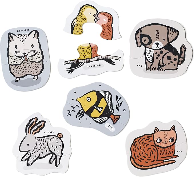 Wee Gallery Pets Beginner Puzzle Set - Jigsaw Puzzles for Toddlers - Sensory Toys Promoting Cognitive & Motor Development - Sustainable Learning Toys for Toddler, Young Kids (12 Pieces, 6 Puzzles)