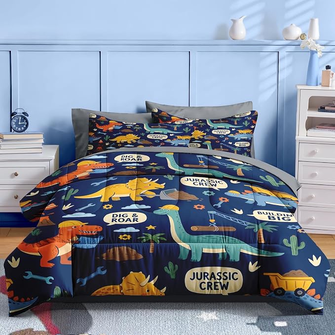 Nesker Dinosaur Comforter Set Full Size, 7 Pieces Bed in a Bag, Blue Dinosaur Bedding Set for Boys, Construction Excavator Comforter Set with 2 Pillowcases & 2 Shams