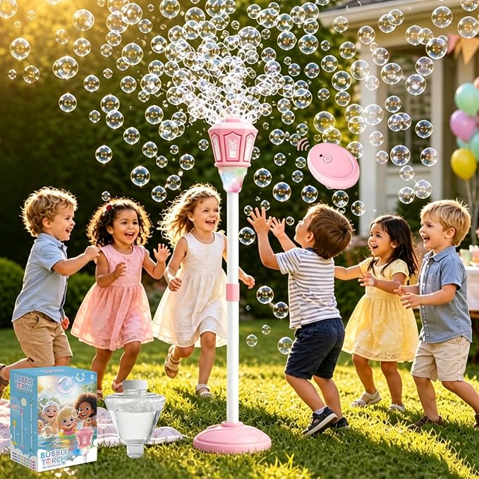 Automatic Bubble Machine for Kids, 47 Inch Vertical Adjustable Height & Handheld Bubble Blower, 10-Hole High Output Bubble Maker with Lights Music, Rechargeable Battery for Party Wedding Birthday