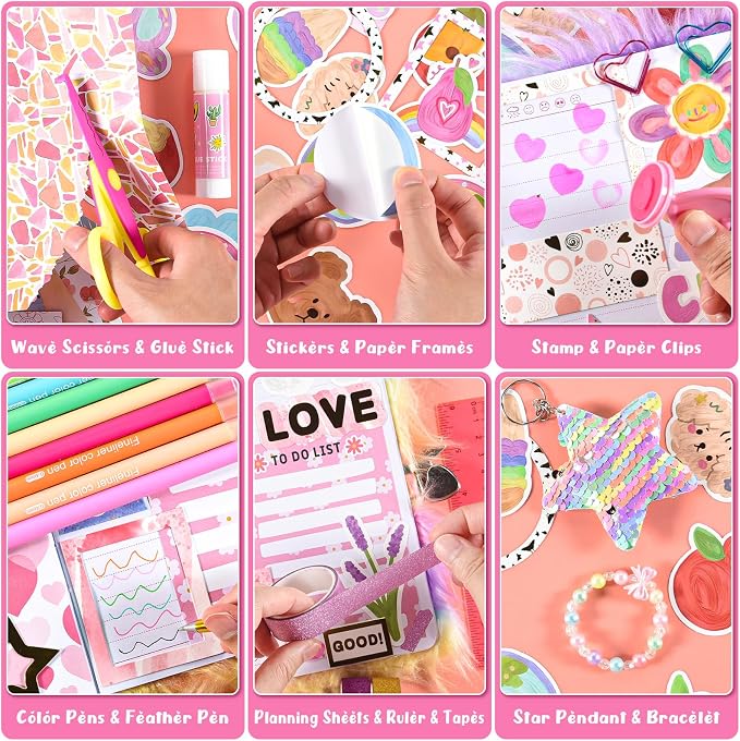 2-Pack DIY Journal Kit for Girls Ages 8-12 13 14 Year Olds, Birthday Gifts for Teen Girls, 110pcs Cute Scrapbook Supplies Stationary, Journaling Art Crafts Trendy Stuff for Kids, Cat Diary with Lock
