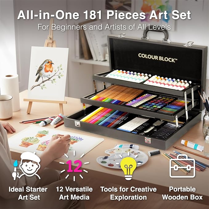 COLOUR BLOCK 181-Piece Mixed Media Art Set in PU Leather Case for Drawing Sketching Painting, Soft Oil Pastels, Acrylic Watercolor Paints, Pencils, Art Supplies Kit for Artists, Professional, Adults, Beginner