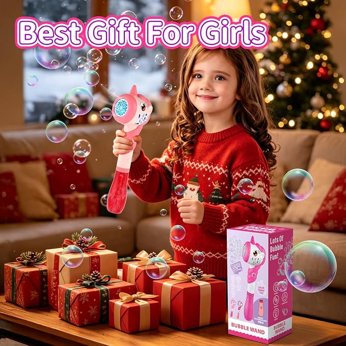 Bubble Wand for Girls, Automatic Bubble Machine Wand Toys with Light, Outdoor Party Toys for 3 4 5 6 Year Old Girl Wedding Easter Birthday Gifts Include Bubble Solution