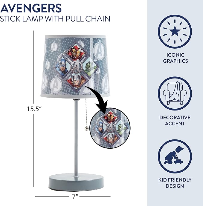 Avengers Stick Table Kids Lamp with Pull Chain, Themed Printed Decorative Shade,Metal