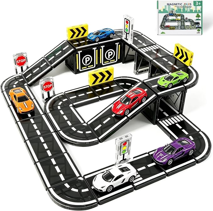 Magnetic Tiles Road Set with Cars, Magnetic Road Building Tiles with 6 Race Cars, Traffic Lights & Road Signs, STEM Construction Toy for Boys Girls Ages 3-5 4-8 5-7, Expansion Magnetic Building