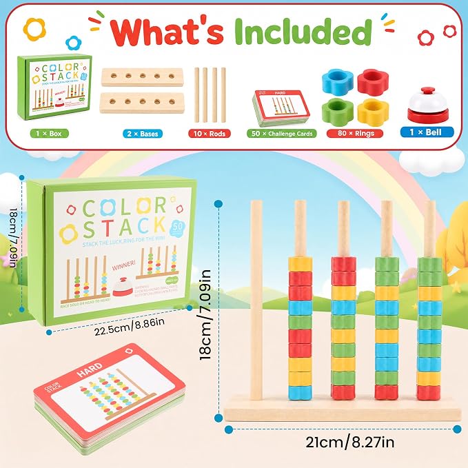 Color Stack Challenge Game for Teens & Adults, Wooden Fast-Paced Color Matching Puzzle Board Game with 2 Rotating Racks, 80 Ring, 50 Challenge Cards & Bell, Competitive Brain Teaser Party Game