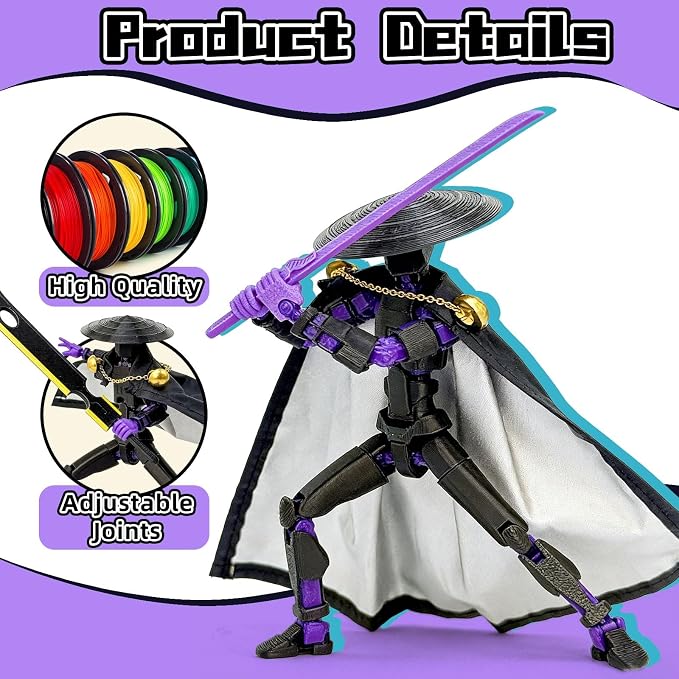 T13 Assembly Completed Action Figures,T-13 Action Figure, Robo 13 3D Printed Action Figure - The Ultimate Hero for Action-Packed Playtime,5.2 Inch, Black Purple