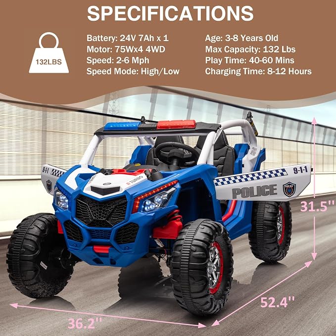 24V 2-Seater UTV Ride on Toy with Remote Control – Powerful 4WD Electric Vehicle Features 4 Shock Absorbers, Leather Seats, Music, and Lights. Designed As a 24V Ride-on Toy for Big Kids