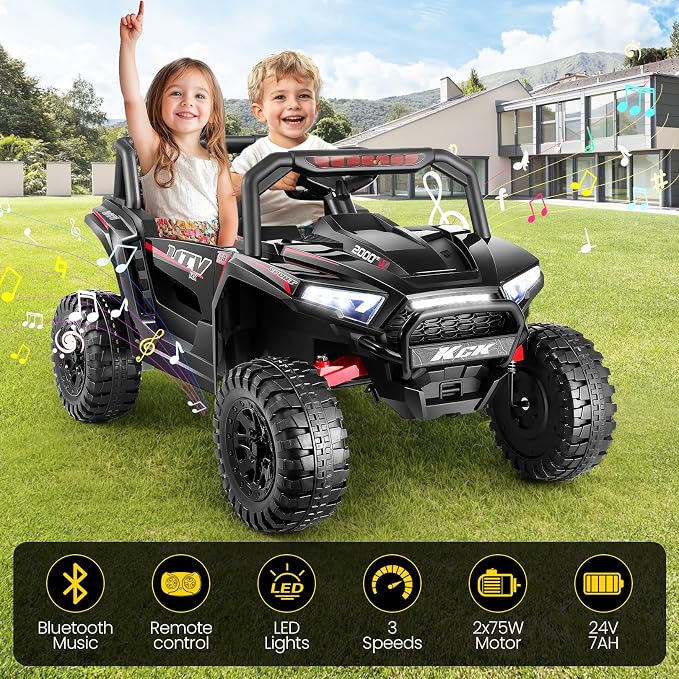 Hikole 24Volt Ride on Toys for Big Kids 2 Seater, 4WD UTV Kids, Ride On Cars for Boys&Girls with Parent Remote, Shock Absorption, Wide Seat for 2 Persons, Dashboard/Music/Horn/Bluetooth/LED, Black