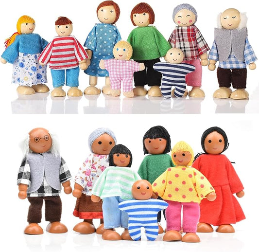 Jzszera 15 Pcs Wooden Dollhouse People with Movable Limbs, Doll House Family Figures for Educational Pretend Play