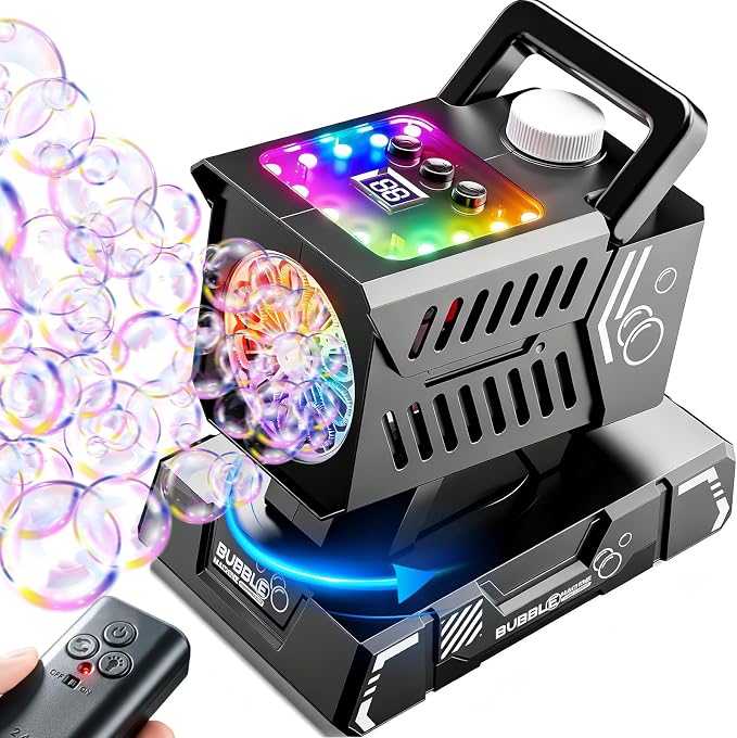 Bubble Machine Remote Control,Auto Rotation & 11 RGB Lights | 1800mAh Rechargeable Battery/USB-C Charging,Top-Fill Portable Bubble Maker for Kids Birthday Party Wedding Pool Outdoor