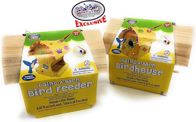 Matty's Toy Stop Paint-A-Barn Wooden Birdhouse & Bird Feeder (Includes Paints & Brushes) Gift Set Bundle - 2 Pack