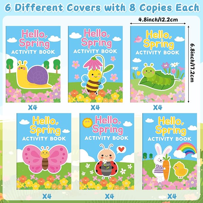 Spring Activity Books for Kids - 24Pcs Hello Spring Mini Games Coloring Book Set Bulk Insect Floral Mazes Word Search Word Scramble Games for Valentine Spring Easter Holiday Party Goodie Bag Stuffers