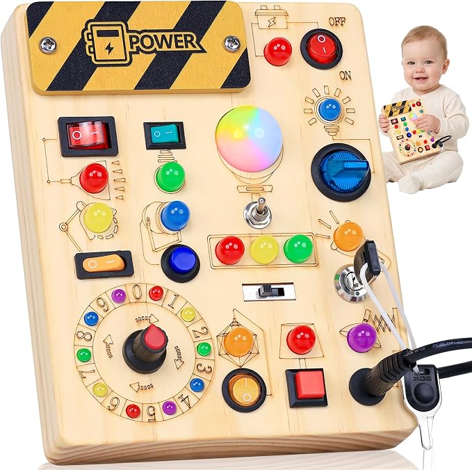 RichBoy Busy Board Montessori Sensory Toy, 37-in-1 Switch Board with 24 LED Lights, Birthday Gift for 1 2 3 Year Old Boys Girls, Safety for Toddlers Home Travel Essentials (6.7" X 5.3")