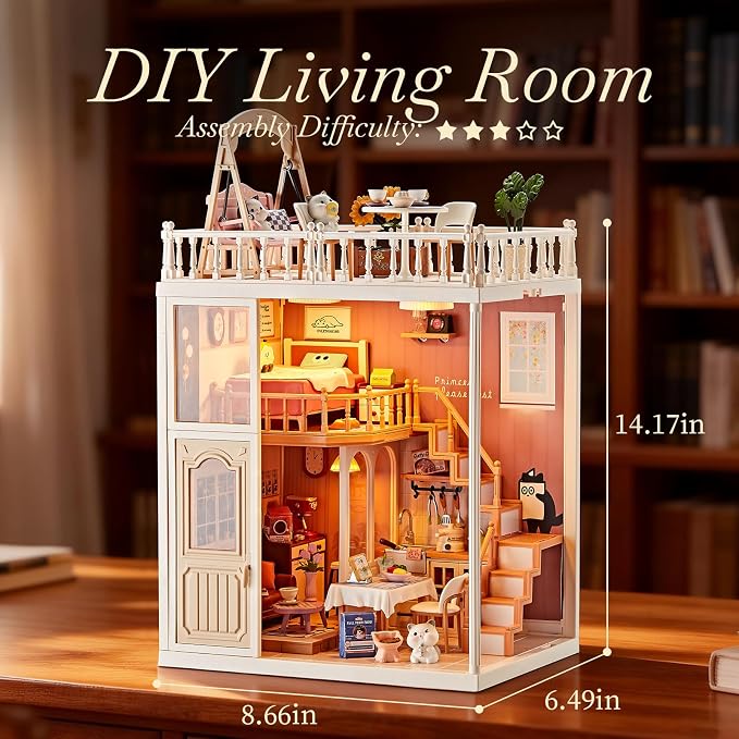 DIY Miniature House Kit for Kids 8+ – Cozy Home Tiny House with LED Light, Living Room, Kitchen & Swing Balcony, Dollhouse Mini Room Building Craft