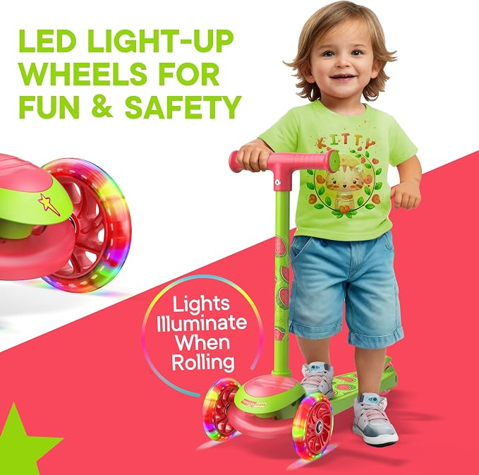 3 Wheel Scooter for Kids, Smooth Light Up LED Front Wheels, Wide Anti Slip Deck, Rear Foot Brake, Easy Lean to Steer Maneuvering, Indoor & Outdoor Ride On Toys for Ages 2 Up,