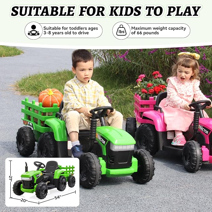TOBBI Kids Electric Toy Tractor, 12V Battery-Powered Toddlers Ride On Car to Drive, Motorized Trailer Vehicle with 35W Dual Motor/6-Wheels/3-Speeds/LED & Horn Functions for Chirdren Aged 3-8-Green