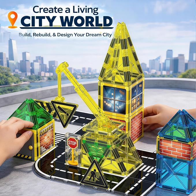 LATI Construction Magnetic Tiles City Set for Kids, Double-Sided Day & Night Building Blocks with Crane, Roads, Traffic Signs & Construction Vehicles, STEM Learning Toy for Boys & Girls Ages 3+