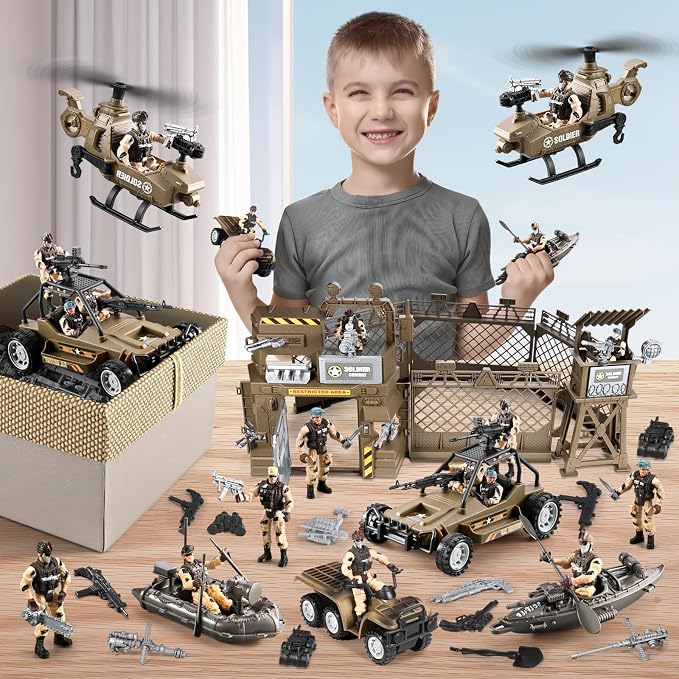 86-In-1 Army Men Toys for Boys 4-7 6-8 8-12, Military Base/Truck/Kayak Boat/Motorcycle/Helicopter/Army Men Action Figures/ Weapon Gear Accessories, Military Combat Toys Kids Boys Birthday Gifts