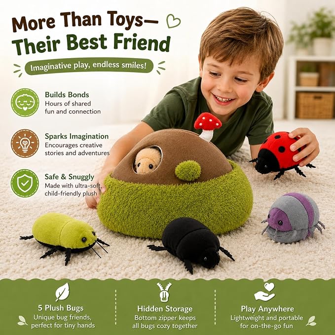 Bug Plush Toy Set, 5 Beetle Stuffed Animals with Dirt Mound Plushie, Hide and Seek Zipper Storage Habitat, Ladybug and Roly Poly Plush Toys, Gift for Kids Insect Lovers, 12 Inch