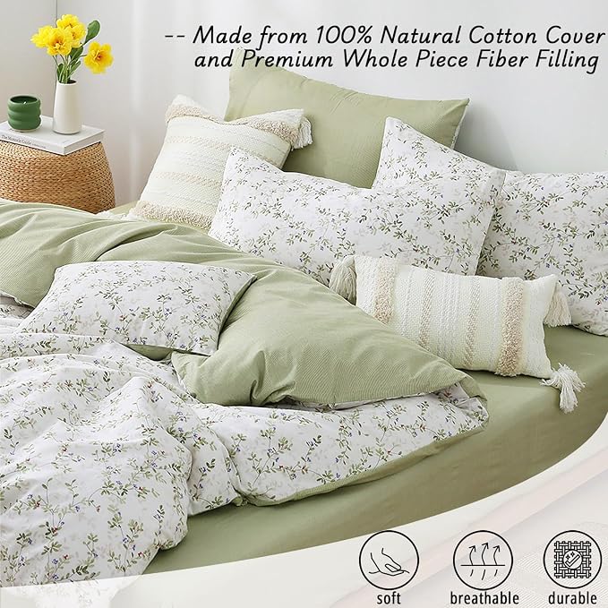 LEMIROE Botanical Cotton Comforter King Size - Tender Green Comforter Printed with Leafy Branches & Purple Stamens on Off-White,Reversible Lightweight Bedding Sets 3Pcs