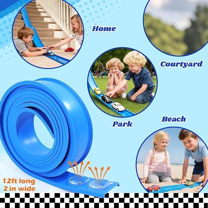 Flex Track 12 Ft Starter Set: Portable Rolls Up Race Tracks for Kids 3+ - DIY Race Car Ramp Track with Suction Cups - Flexible Race Track Compatible with Diecast 1/64th Cars - Birthday Gift for Boys