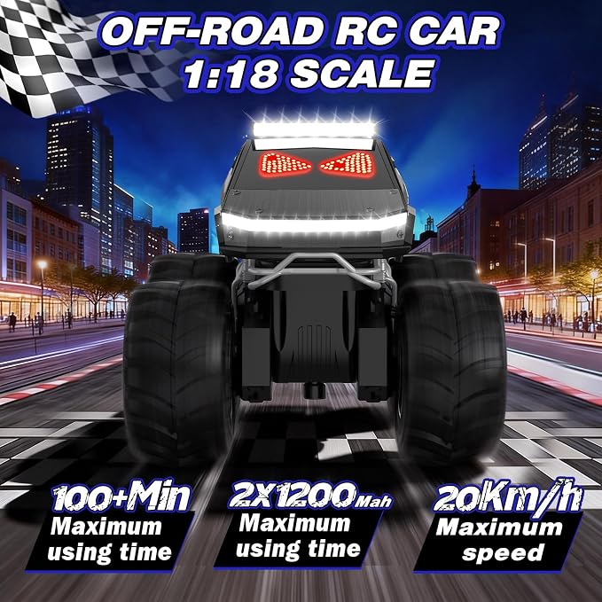 Remote Control Car with LED Dynamic Eyes, 1:18 Amphibious RC Cars, 4WD All Terrain Pickup, 2.4GHz Waterproof Cyber Truck, 360° Rotatable Monster Truck Toys for Boys Birthday Gifts Age 6 7 8 9+(Grey)