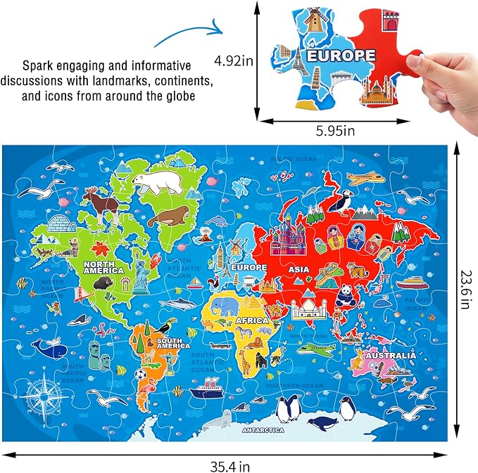 IFLOVE World Map Floor Puzzle for Kids — 48 Piece Jumbo Geography Jigsaw Puzzle, Globe Atlas Puzzle with Continents Animals Landmarks, Educational Toy Birthday for Boys Girls Ages 3-8