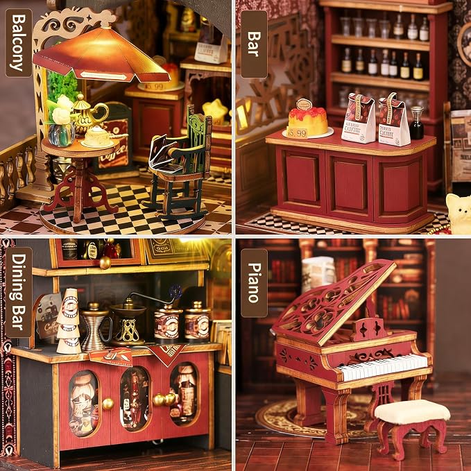 CUTEROOM DIY Miniature House Kit, Wooden Dollhouse Kit with LED Magic Tiny House Kits for Women Adult Gifts for Christmas Birthday (Book Coffee Shop)