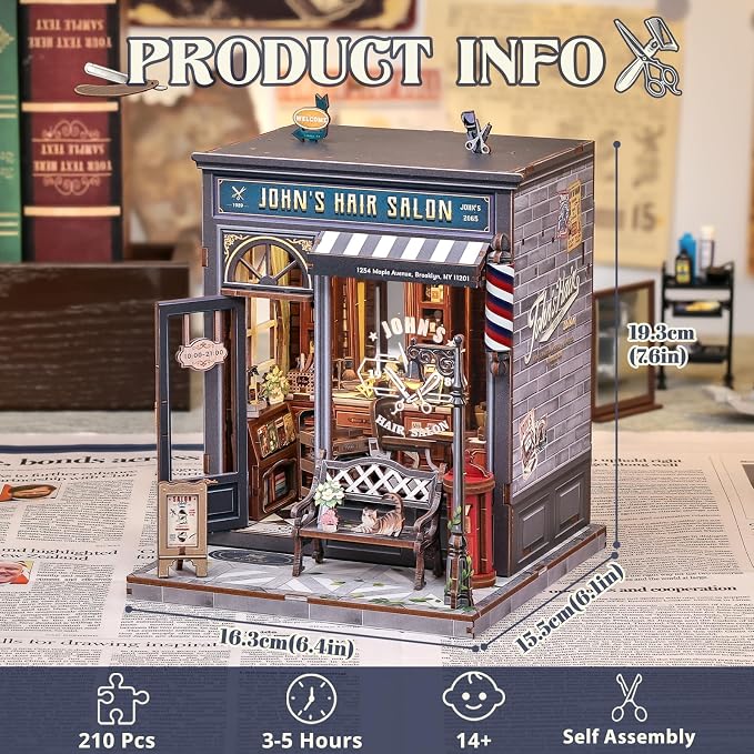 Cutefun Book Nook Kit - DIY Miniature Coffee Shop Dollhouse Kit for Adults and Teens, 3D Wooden Puzzle Bookshelf Insert Decor with LED Light, Gifts for Book Lovers and Beginners (John's Hair Salon)