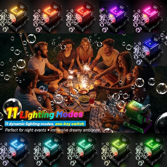 SHCKE Bubble Machine with Remote Control, Auto Rotation & 11 RGB Lights | 1800mAh Rechargeable Battery/USB-C,Top-Fill Portable Bubble Maker for Kids,Outdoor,Birthday Parties,Wedding,Camping,Pool