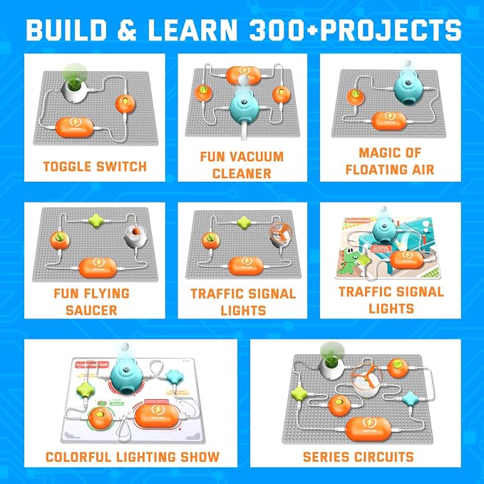 STEM Toys for Boys Age 6-8-10, 300+ Creations Electronics Kit, Circuit Building Set with LED Lights & Fan, Educational Science Gift for Kids 7-9 Year Old