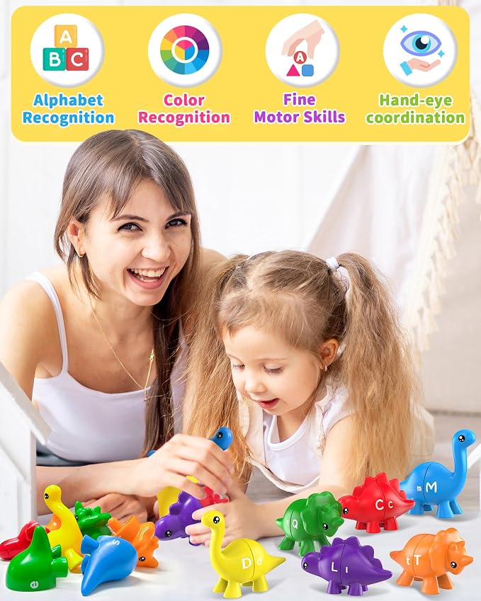 Walenty 26PCS Dinosaur Alphabet Learning Toys for Toddlers Kids 3-5, Montessori Educational Toys Gifts for 3 4 5 Year Old Boy Girl, Preschool Toddler Travel Activities, Double Sided ABC Matching Game
