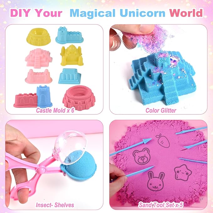 Faburo 48Pcs Unicorn Sensory Bin Sand Kit Toy for Toddler Girls with 3 Unicorns, Unicorn Toys for Girls Age 4-6, 6 Castle Molds, 2.2Lbs Color Sand, Learning Toys Birthday Gift for Kids Age 3 4 5