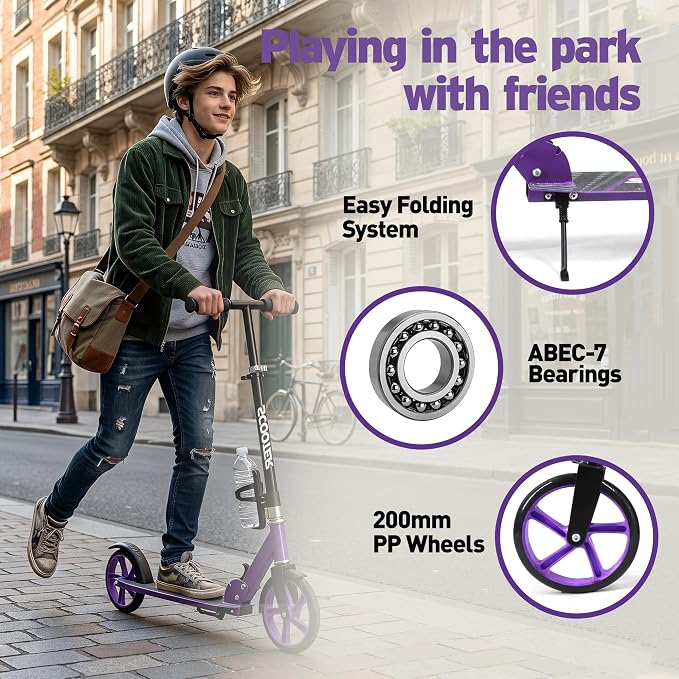 Scooter for Kids Ages 6+, Teens & Adults, Max Load 240 LBS, Foldable Kick Scooter with 8-inch Big Wheels, Kickstand, 3 Adjustable Levels, Rear Brake,