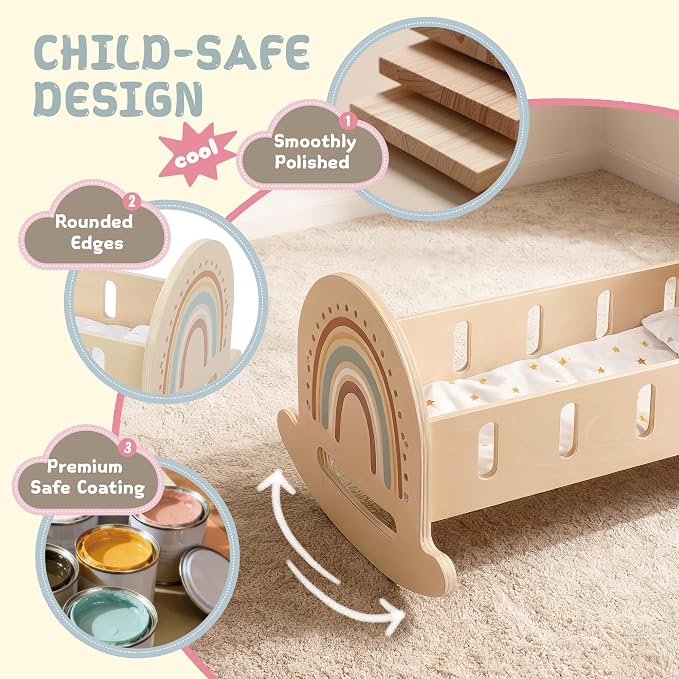 FReniland Wood Rocking Doll Crib for Dolls up to 18 Inches, Wooden Baby Doll Bed Dolls Cradle with Blanket & Pillow, Classic Pretend Play Toy for Kids Ages 3+