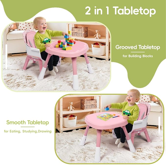 15 in 1 Convertiable High Chair for Babies and Toddlers, 2 in 1 Highchair & Activity Center w/Toys, Booster Seat, Toddler Chair w/5-Point Harness & Removable Tray & 2-Layer Cusion (Pink)