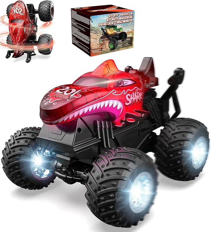 BEZGAR 1:20 Shark Monster Truck Toys, 360°Stunt RC Cars Rotation Monster Trucks with Music, 2 Batteries and Wireless LED Strobe Lights, Remote Control Car for Boys 4 5 6 7 8 9 Years Old(Red)