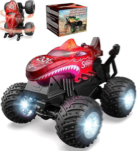 BEZGAR 1:20 Shark Monster Truck Toys, 360°Stunt RC Cars Rotation Monster Trucks with Music, 2 Batteries and Wireless LED Strobe Lights, Remote Control Car for Boys 4 5 6 7 8 9 Years Old(Red)