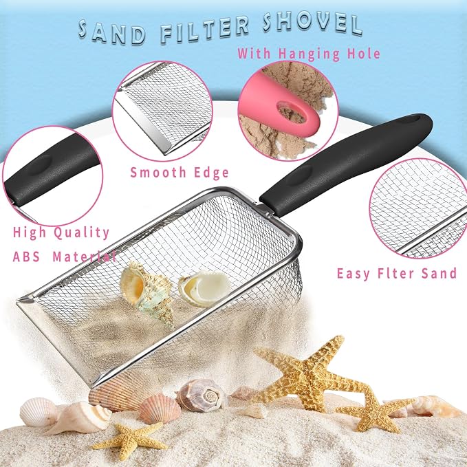 Beach Mesh Shovel with Mesh Beach Bag for Picking Up Shell,Metal Shark Tooth Sifter Sand Dipper Beach Scoop for Kids Boys Girls