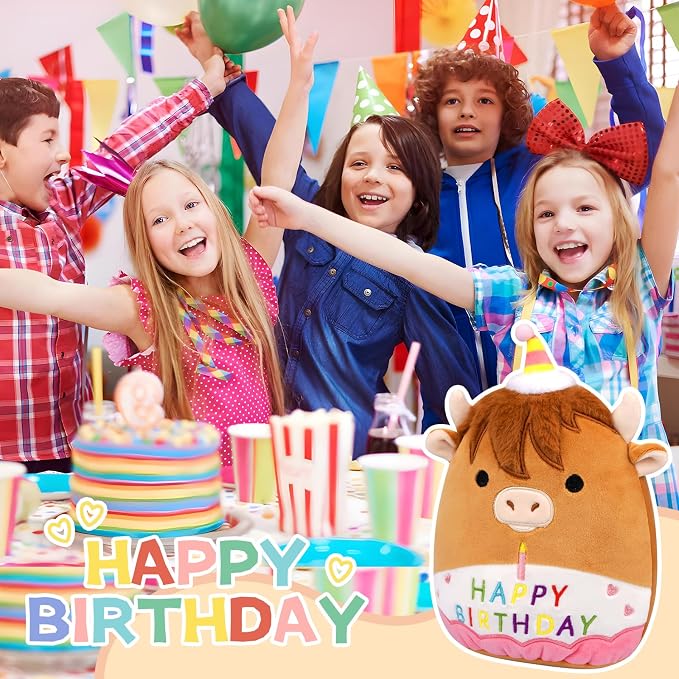 Birthday Highland Cow Plush Toy- 9inch Cute Birthday Highland Cow Stuffed Animal Pillows Toys, Soft Cow Stuffy Gifts Party Decoration for Kids Girls Boys