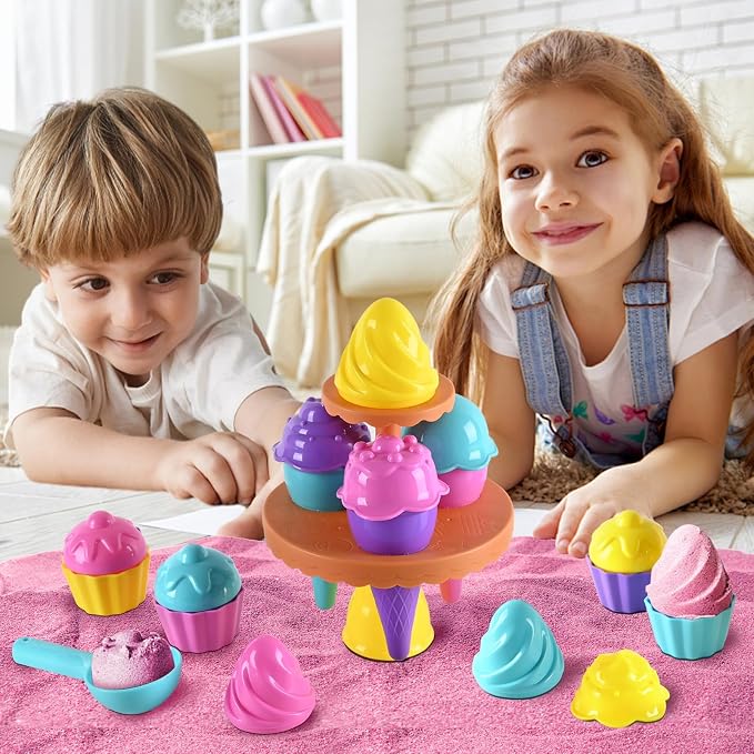 SupMLC Beach Toys Ice Cream Sand Toys - Toddlers Beach Essentials for Kids Girls Boys, Sand Molds, Shovels with Collapsible Mesh Bag, Travel Sand Box Toys for Beach, Party, Bath Toys Pretend Play