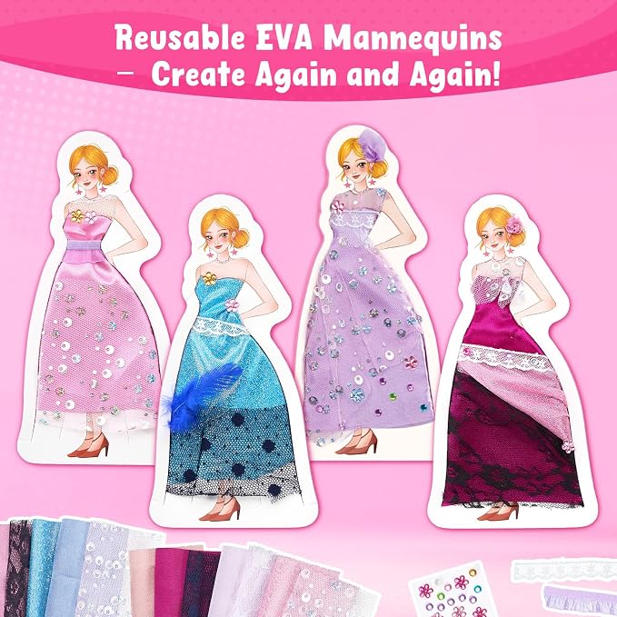 Poke-in Fashion Designer Kit for Girls, No-Sew DIY Craft Toys with 6 EVA Mannequins & Real Fabric, Safe & Non-Toxic Creative Dress Up Activity, Mess-Free Arts and Crafts Gift for Girls Age 5-12