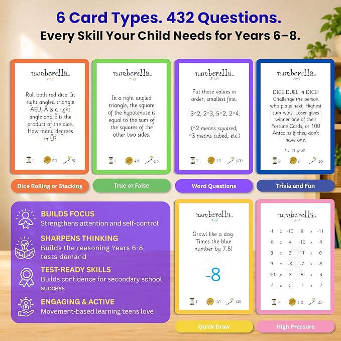 Numberella Deluxe Math Card Game – Level 3 | Ages 13–15, Grades 8–10 | Algebra, Geometry & Statistics | Middle School Math Game | Award-Winning STEM | 432 Questions, 6 Card Types | 2–5 Players