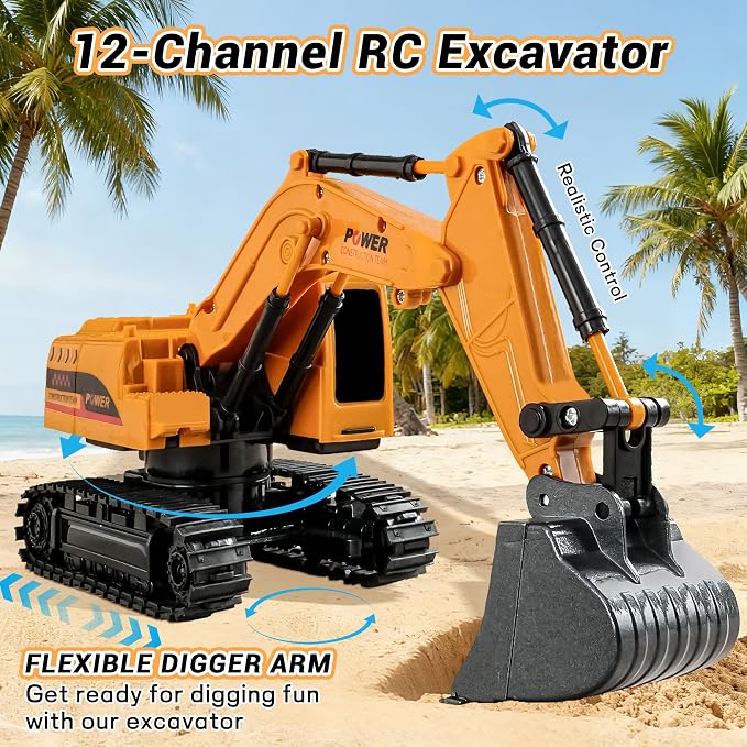 Remote Control Excavator Toy 12-Channel Mini RC Excavator with 2 Batteries & Metal Bucket Lights Sounds RC Digger Construction Vehicles Toys for Boys 3+ Years Old